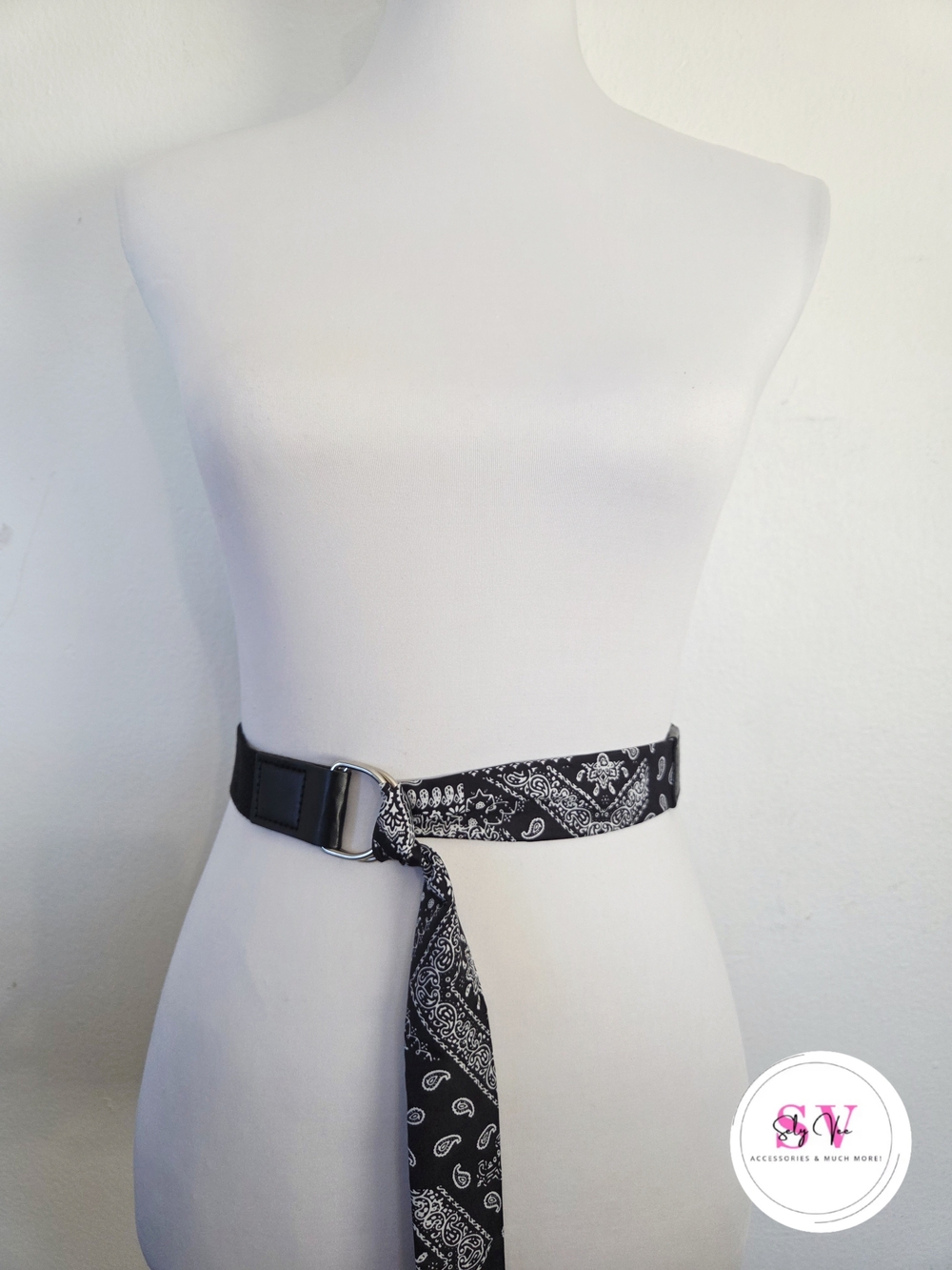 Black And White Patterned Scarf Tie Belt
